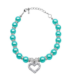 Heart and Pearl Dog Necklace - Aqua